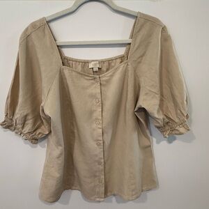 LOFT Neutral Square Neck linen blend Button-Down Puff Sleeve Blouse
